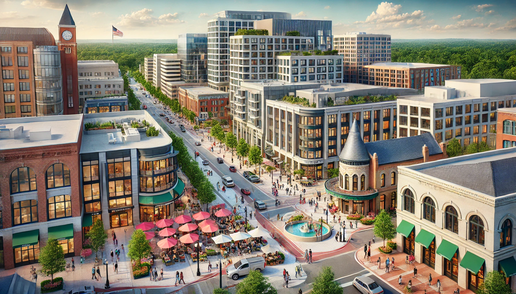 A vibrant and modern downtown scene of Silver Spring, Maryland, with a blend of historical and contemporary architecture.